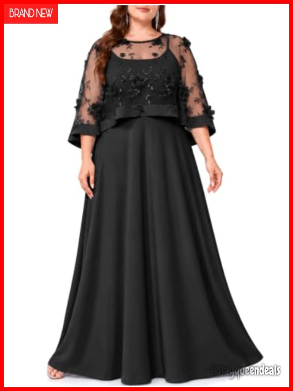 Plus Size 2-Piece Formal Evening Dress 3D Floral Mesh Cape A-Line Maxi